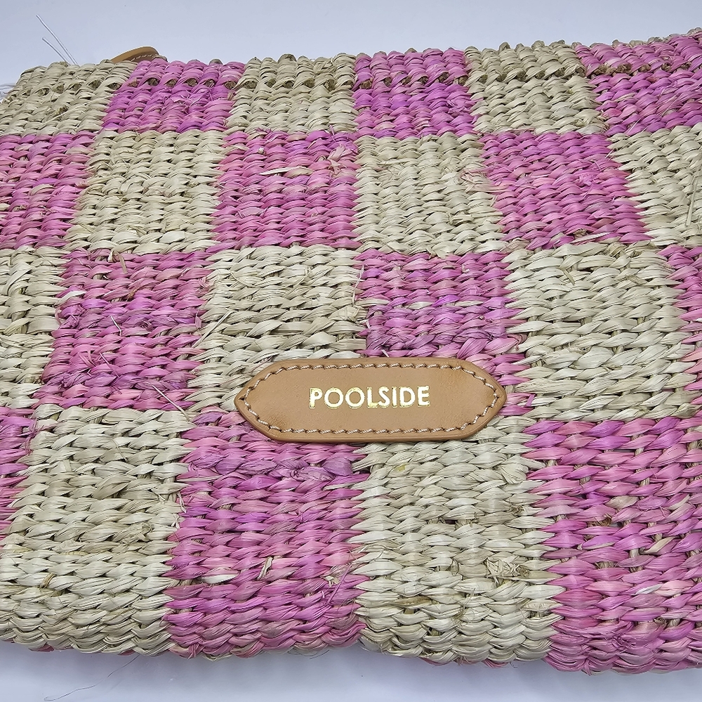 Poolside Clutch Natural/Pink Checkered Fringe Clutch Straw  NWT Upcycled Organic - Picture 4 of 13